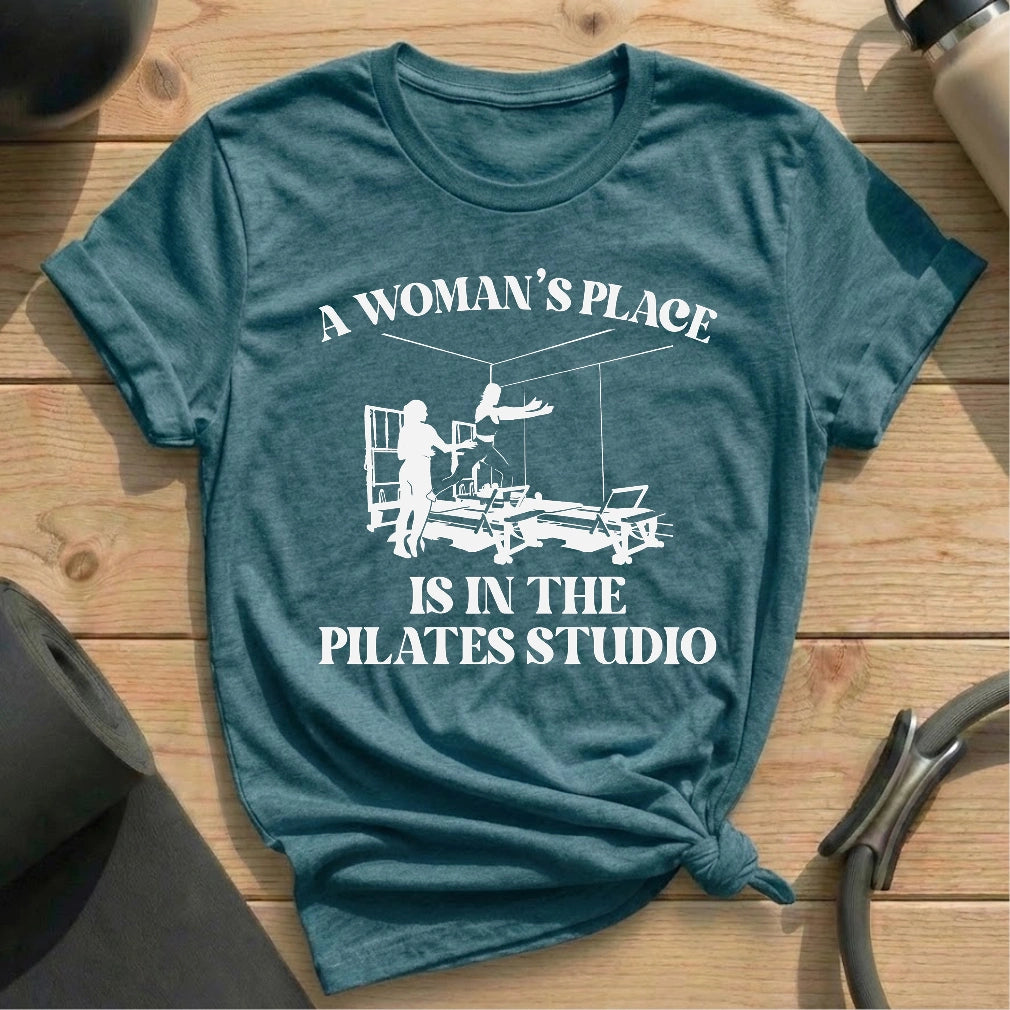 A Woman’s Place Is in the Pilates Studio Heather Deep Teal T-shirt in MindCloth Pilates Tshirt Collection