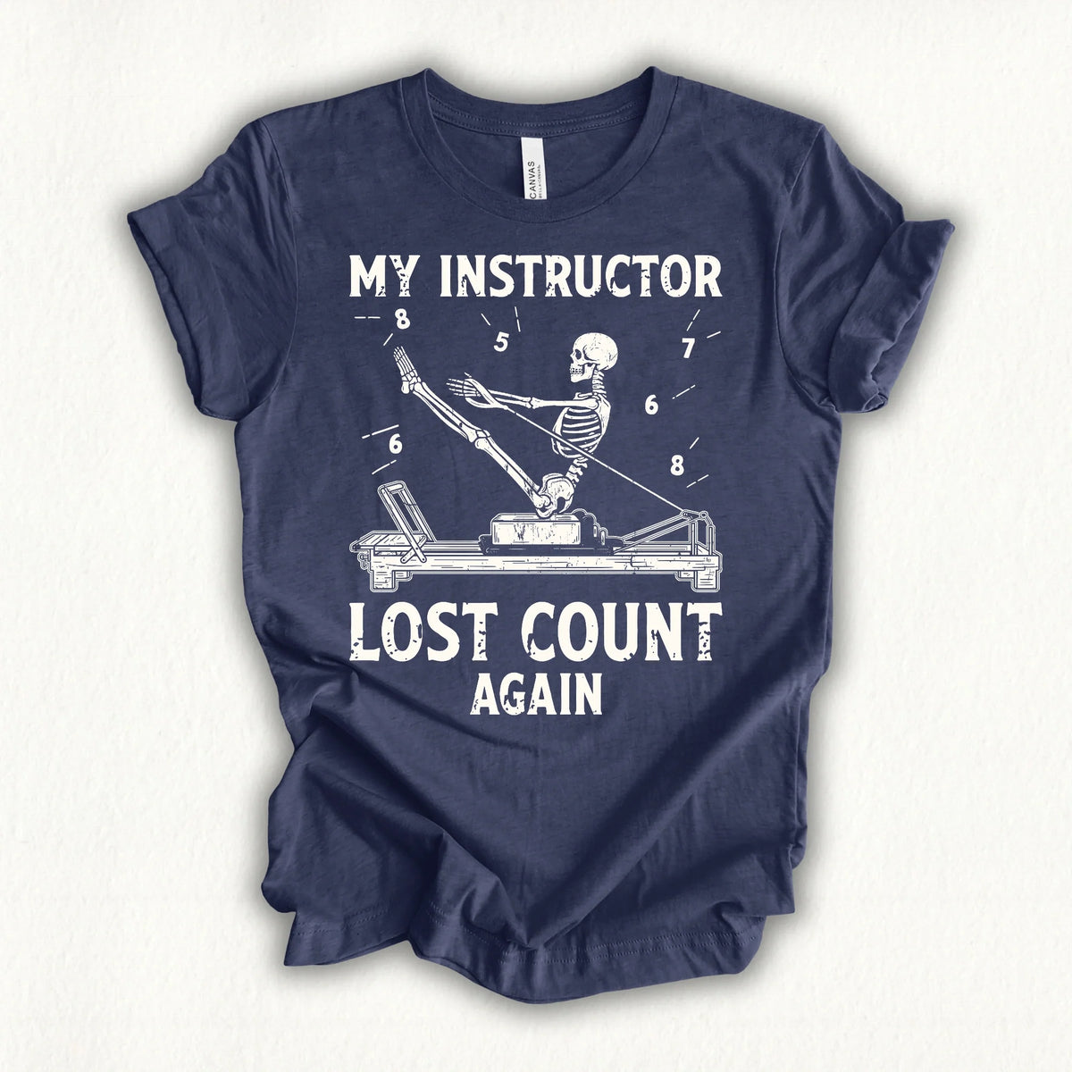 MY INSTRUCTOR LOST COUNT AGAIN heather navy shirt in MindCloth Pilates Tshirt Collection