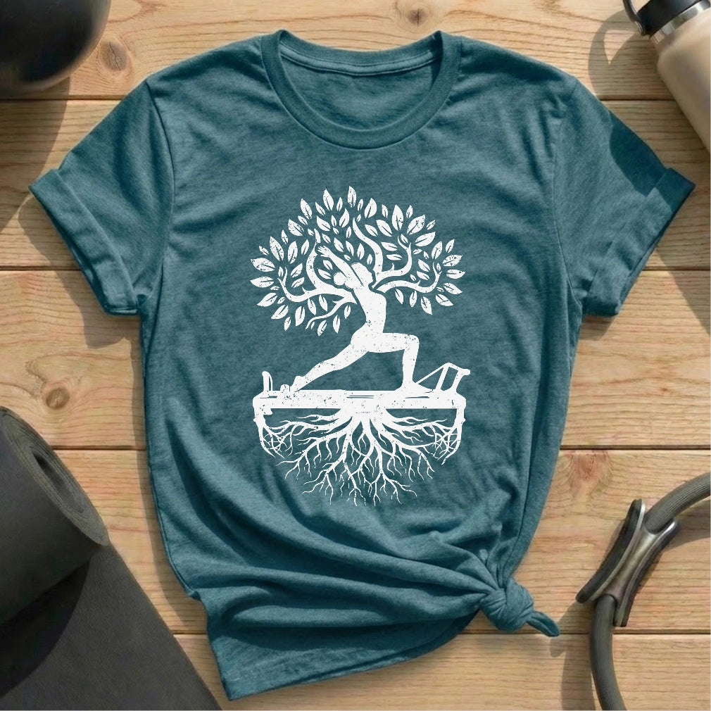 Pilates Tree Heather Deep Teal shirt in MindCloth Pilates Tshirt Collection