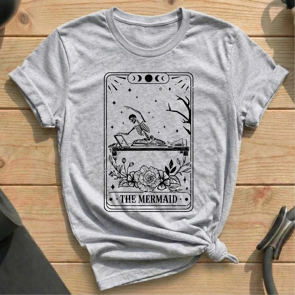 The Mermaid Skeleton Tarot Card Athelic Heather T-shirt in MindCloth Pilates Tshirt Collection