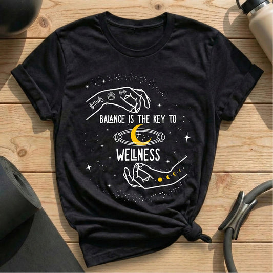 Balance Is The Key To Wellness Black T-shirt in MindCloth Pilates Tshirt Collection