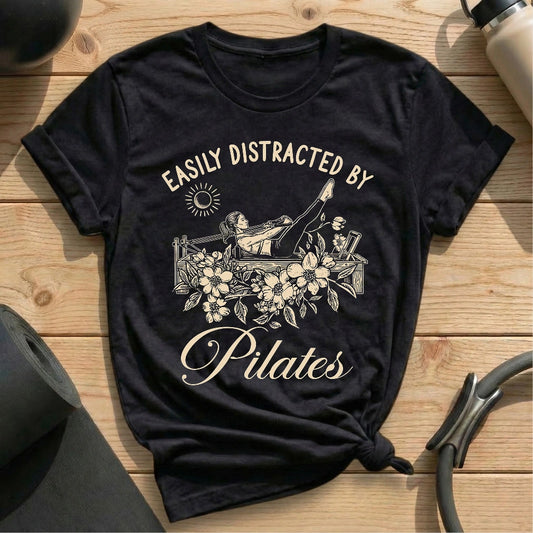 Easily distracted by pilates black shirt in MindCloth Pilates Tshirt Collection