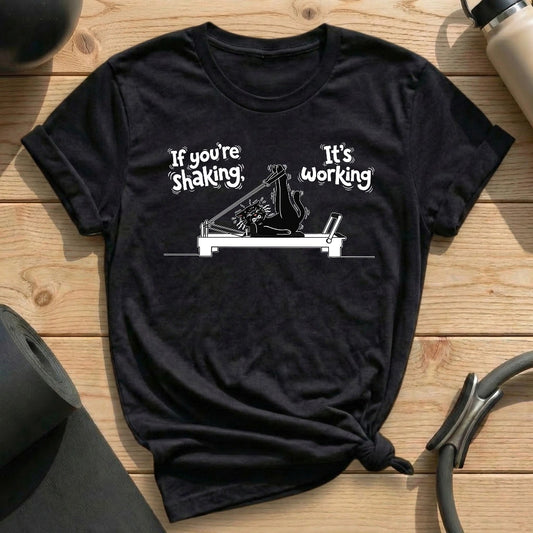 If You’re Shaking, It’s Working Black T-shirt in MindCloth Pilates Tshirt Collection
