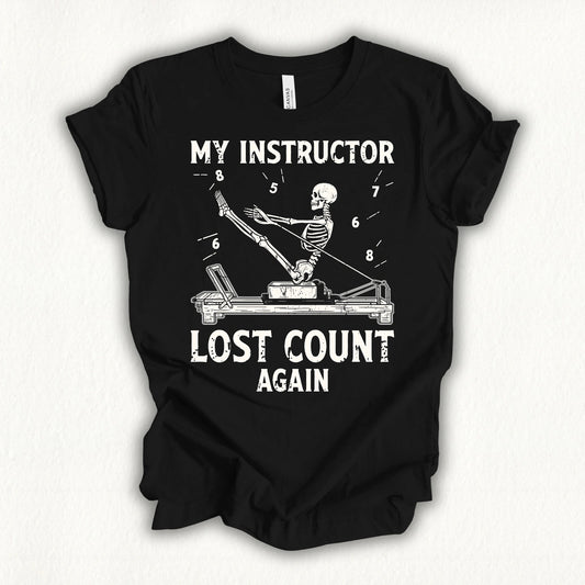 MY INSTRUCTOR LOST COUNT AGAIN black shirt in MindCloth Pilates Tshirt Collection