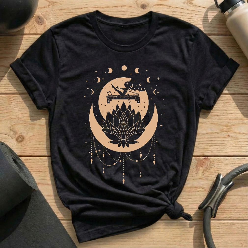 Lotus Reformer Celestial Black Shirt in MindCloth Pilates Tshirt Collection