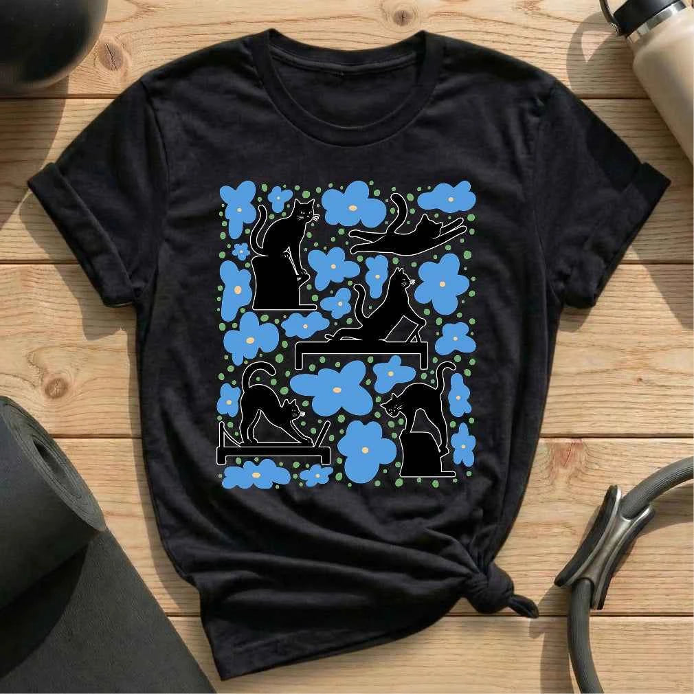 Pilates Cat In Flowers T-shirt