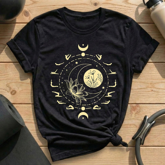 Pilates Moon Phases Lotus Black T-shirt in MindCloth Pilates Tshirt Collection