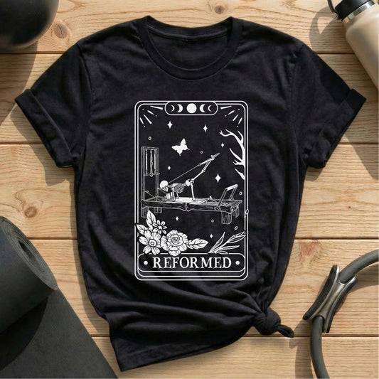 Reformed Skeleton Tarot Card Black T-shirt in MindCloth Pilates Tshirt Collection