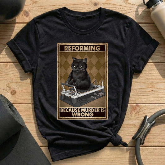 Reforming Because Murder Is Wrong Cat Tarot Card Black Tshirt in MindCloth Pilates Tshirt Collection