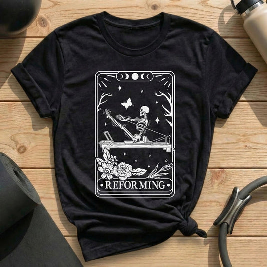 Reforming Skeleton Tarot Card Black T-shirt in MindCloth Pilates Tshirt Collection