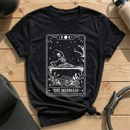 The Mermaid Skeleton Tarot Card Black T-shirt in MindCloth Pilates Tshirt Collection