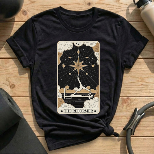 The Reformer Skeleton Tarot Card Black T-shirt in MindCloth Pilates Tshirt Collection
