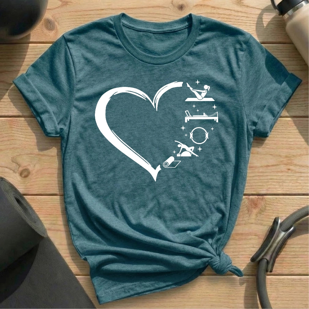 Heart Shape Pilates Heather Deep Teal shirt in MindCloth Pilates Tshirt Collection