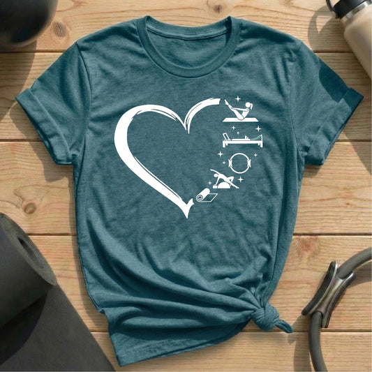 Heart Shape Pilates Heather Deep Teal shirt in MindCloth Pilates Tshirt Collection