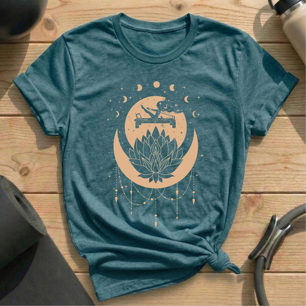Lotus Reformer Celestial Heather Deep Teal Shirt in MindCloth Pilates Tshirt Collection