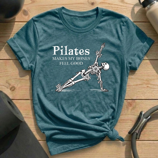 Pilates Makes My Bones Feel Good Skeleton Heather Deep Teal Tshirt in MindCloth Pilates Tshirt Collection