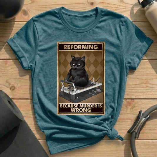 Reforming Because Murder Is Wrong Cat Tarot Card Heather Deep Teal Tshirt in MindCloth Pilates Tshirt Collection