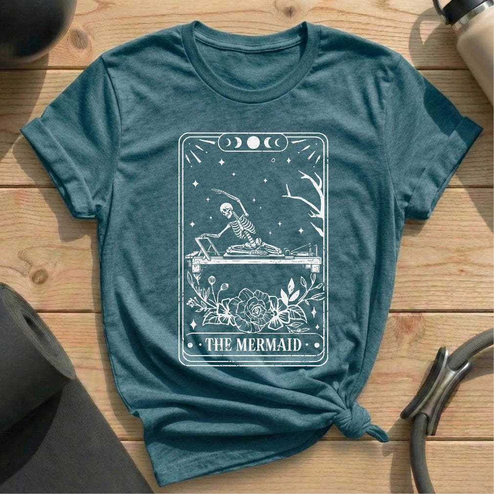 The Mermaid Skeleton Tarot Card Heather Deep Teal T-shirt in MindCloth Pilates Tshirt Collection