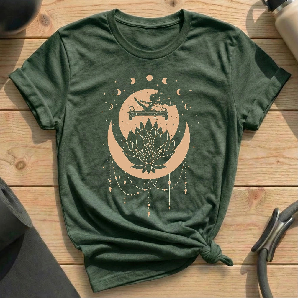 Lotus Reformer Celestial Forest Green Shirt in MindCloth Pilates Tshirt Collection