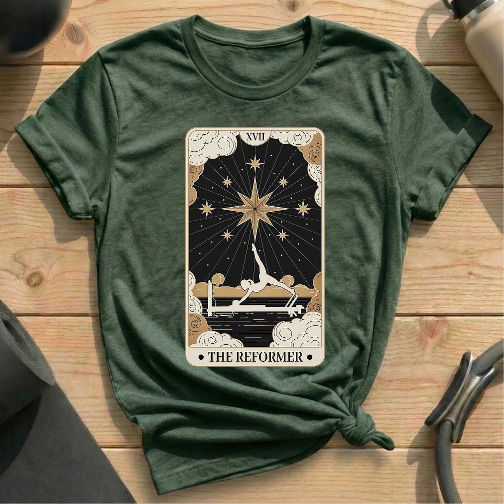 The Reformer Skeleton Tarot Card Heather Forest T-shirt in MindCloth Pilates Tshirt Collection