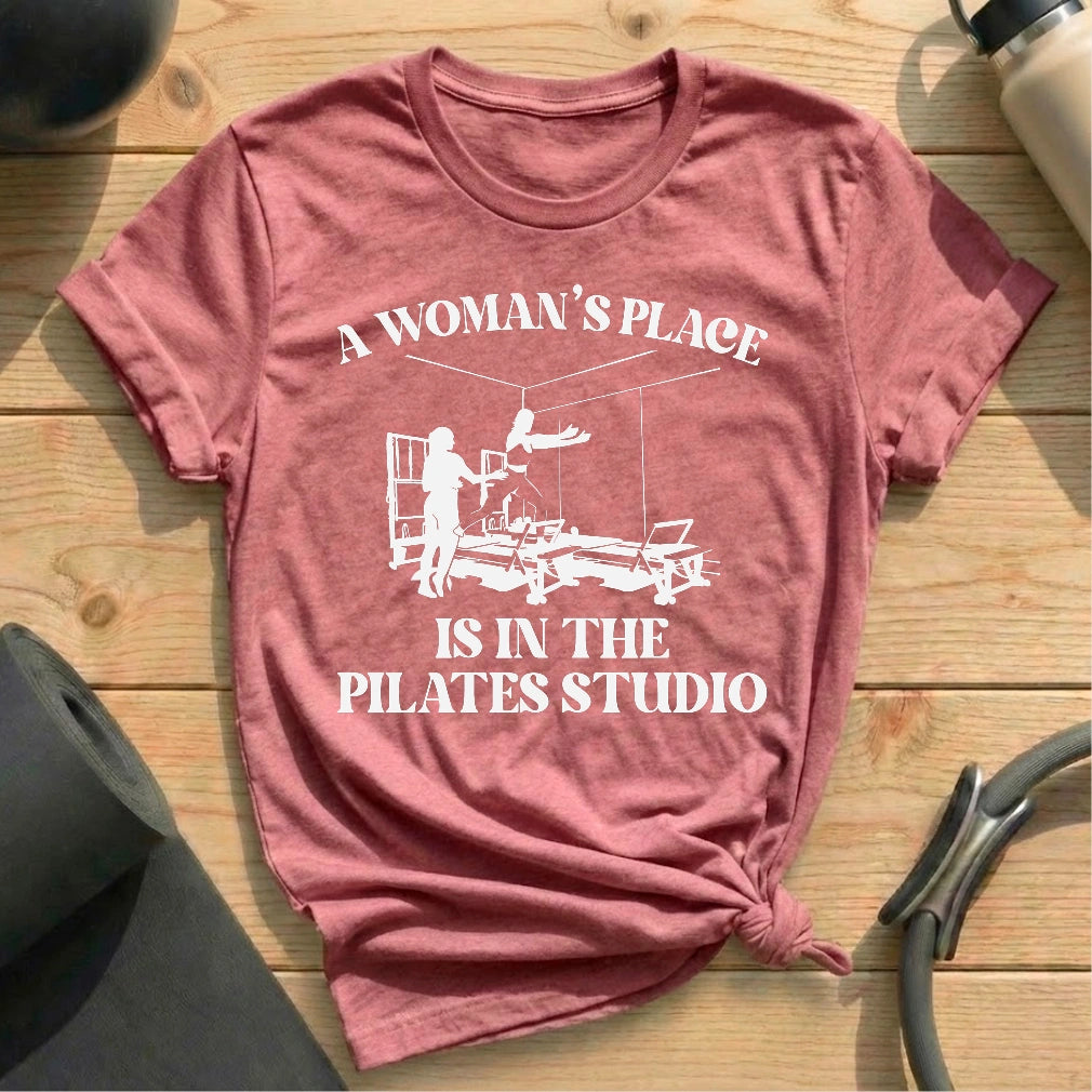 A Woman’s Place Is in the Pilates Studio Heather Mauve T-shirt in MindCloth Pilates Tshirt Collection