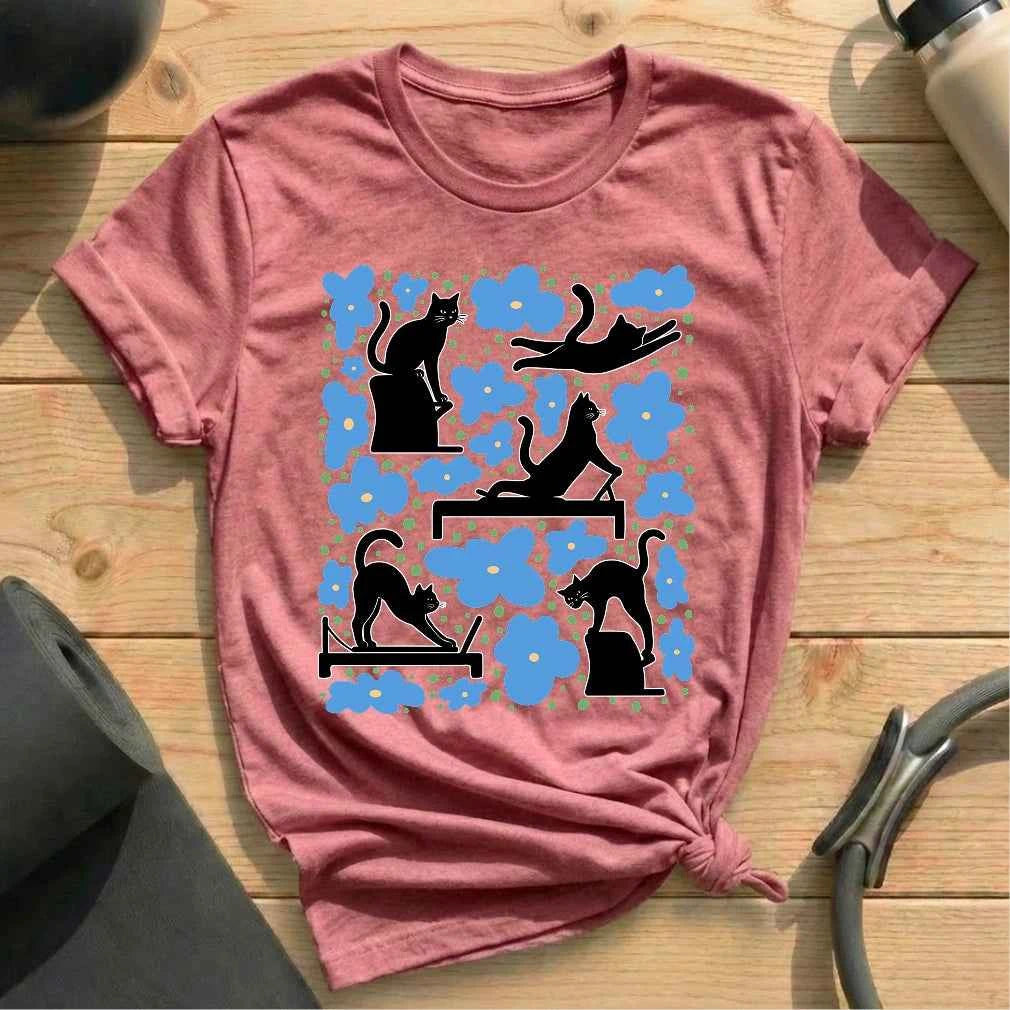 Pilates Cat In Flowers T-shirt