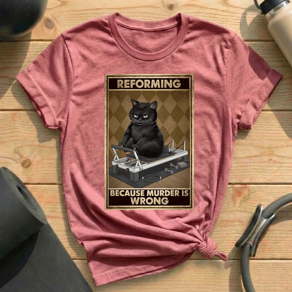 Reforming Because Murder Is Wrong Cat Tarot Card Heather Mauve Tshirt in MindCloth Pilates Tshirt Collection