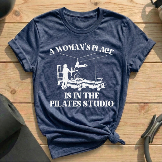 A Woman’s Place Is in the Pilates Studio Heather Navy T-shirt in MindCloth Pilates Tshirt Collection