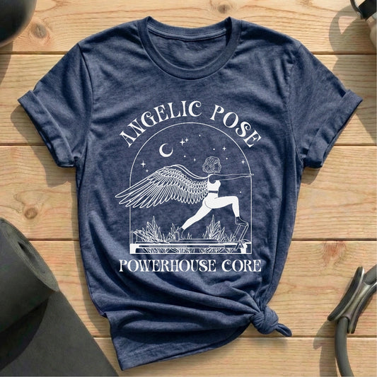 Angelic Pose Powerhouse Core Heather Navy T-shirt in MindCloth Pilates Tshirt Collection