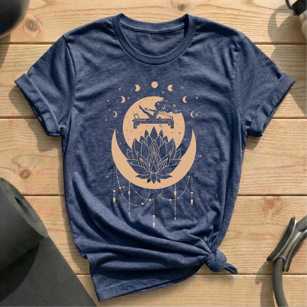 Lotus Reformer Celestial Heather Navy Shirt in MindCloth Pilates Tshirt Collection