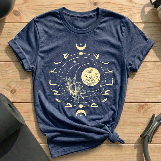 Pilates Moon Phases Lotus Heather Navy T-shirt in MindCloth Pilates Tshirt Collection