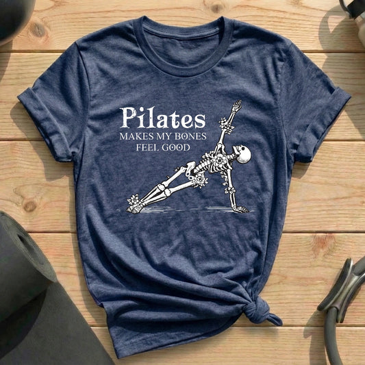 Pilates Makes My Bones Feel Good Skeleton Heather Navy Tshirt in MindCloth Pilates Tshirt Collection