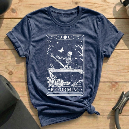Reforming Skeleton Tarot Card Heather Navy T-shirt in MindCloth Pilates Tshirt Collection