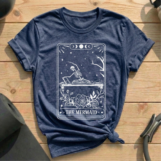 The Mermaid Skeleton Tarot Card Heather Navy T-shirt in MindCloth Pilates Tshirt Collection