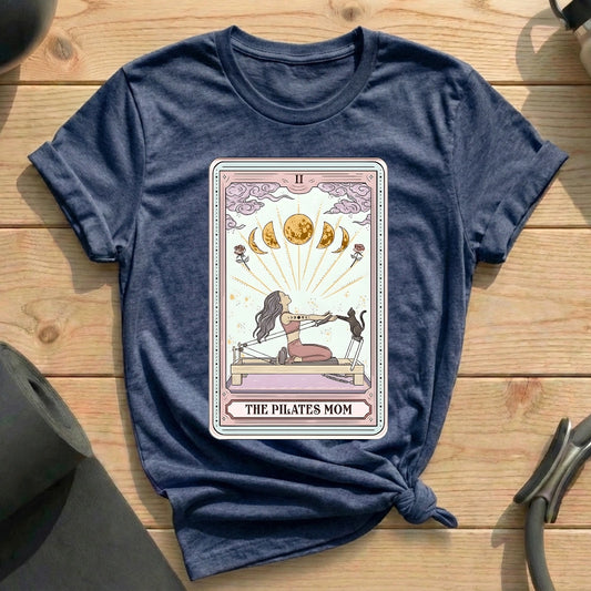 The Pilates Mom with black cat Tarot Card T-shirt in MindCloth Pilates Tshirt Collection