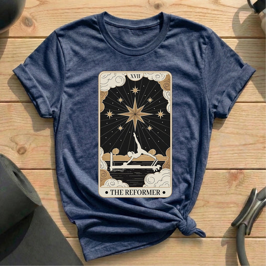 The Reformer Skeleton Tarot Card Heather Navy T-shirt in MindCloth Pilates Tshirt Collection