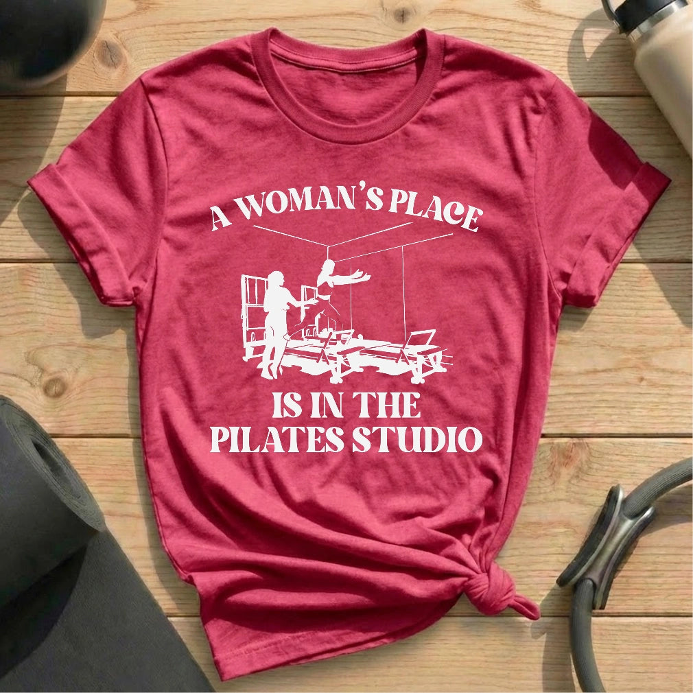 A Woman’s Place Is in the Pilates Studio Heather Raspberry T-shirt in MindCloth Pilates Tshirt Collection
