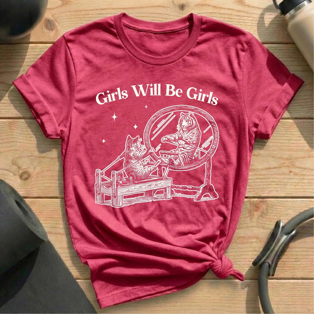 Girls Will Be Girls Heather Raspberry T-shirt in MindCloth Pilates Tshirt Collection