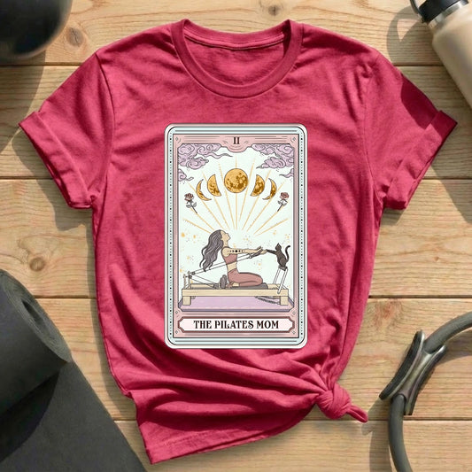 The Pilates Mom with black cat Tarot Card Heather Raspberry T-shirt in MindCloth Pilates Tshirt Collection