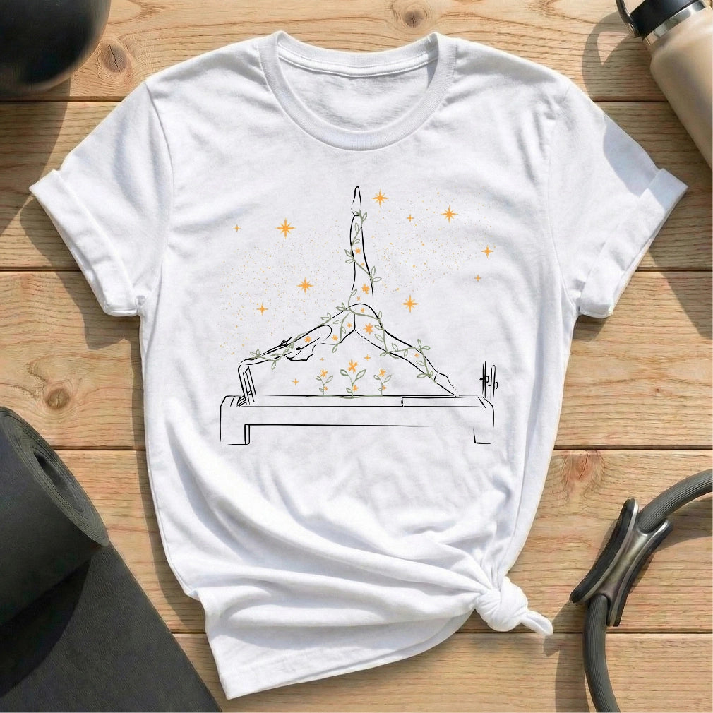 Blooming Reformer Flow White T-shirt in MindCloth Pilates Tshirt Collection
