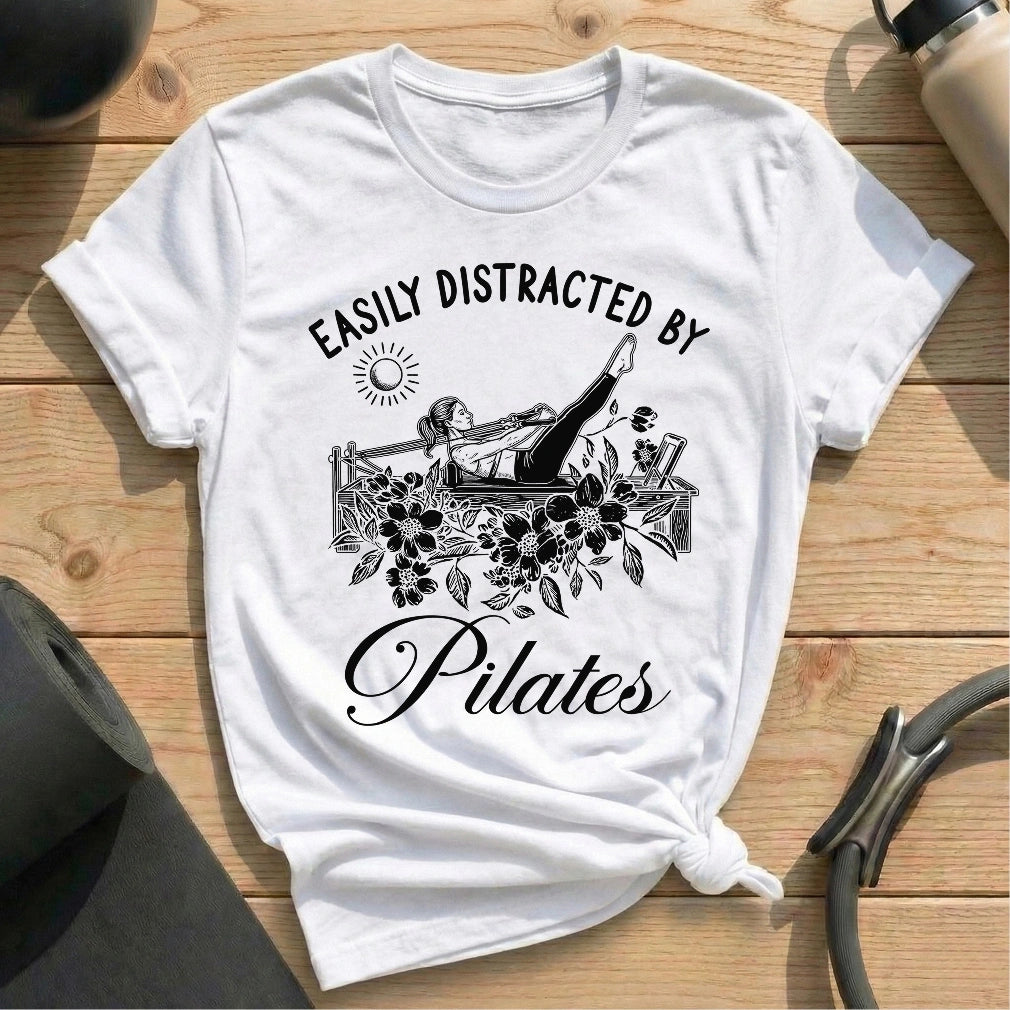 Easily distracted by pilates white shirt in MindCloth Pilates Tshirt Collection
