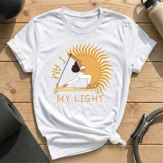 I Am My Light White T-shirt in MindCloth Pilates Tshirt Collection