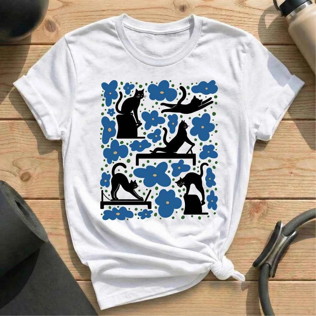 Pilates Cat In Flowers T-shirt