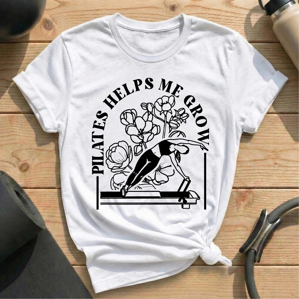 Pilates helps me grow white shirt in MindCloth Pilates Tshirt Collection